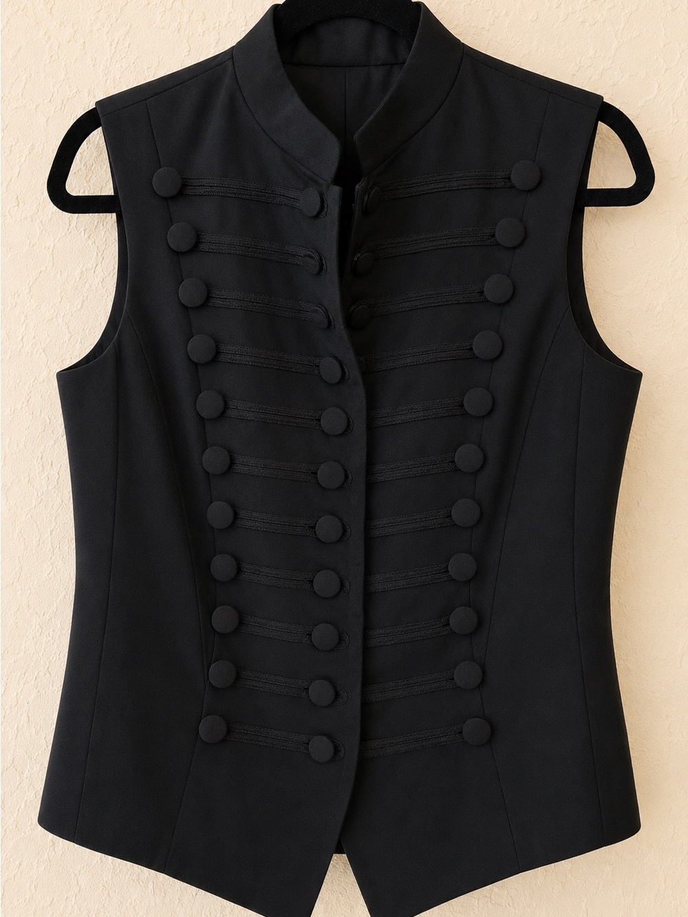 Black Satin Military-Style Sleeveless Statement Jacket